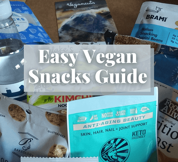Photo of vegancuts snack box with writing that says Easy Vegan Snacks Guide