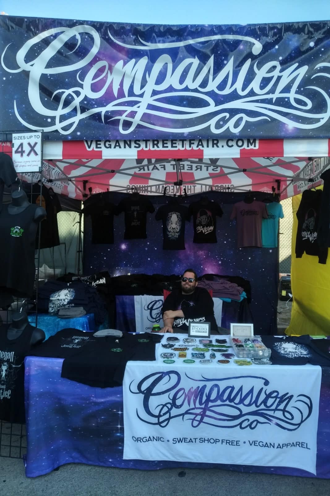 Compassion Co. at Vegan Exchange LA! Compassion Co. is a vegan clothing brand that uses recycled or domestically grown organic cotton printed with water based discharge inks to make their shirts! and 5% of their sales are donated to a different organization each month that promotes animal rights and a cruelty free lifestyle!